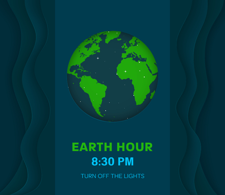 Earth hour abstract minimal dark blue background with waves with 3d effect. Dark colored Earth planet in Space.のイラスト素材