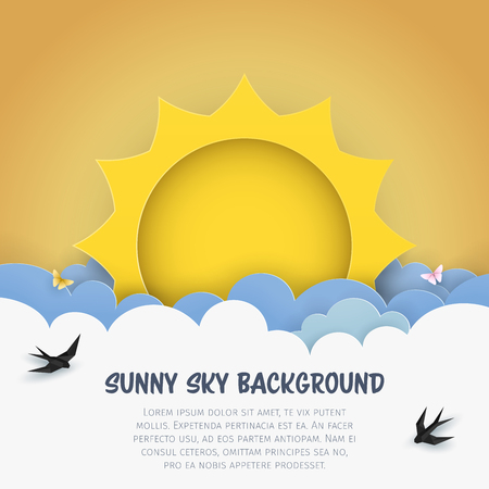 Cartoon cloudscape background with sun, clouds, flying birds, butterflies. Cloudy scenery background. Craft, paper art, minimal design. Kids bedroom, baby nursery illustration.のイラスト素材