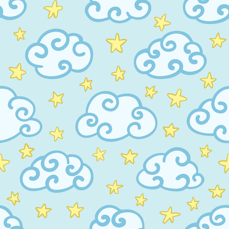 Seamless baby pattern with fluffy hand-drawn curved clouds and starsのイラスト素材
