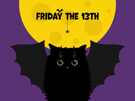 Cute black cat with bat wings on the night background with the Moon and text with spider and bat. Friday the 13th minimal flat illustration. Adorable cartoon cat with yellow eyes. Vector Illustration.のイラスト素材