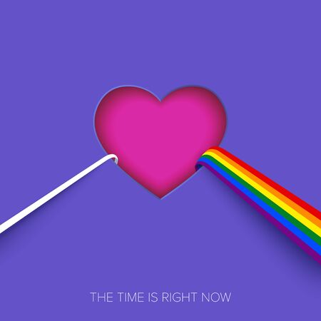 Abstract heart-shaped dispersive prism with a ray of light and rainbow. Dispersion of Light and Refraction. LGBTQ creative concept with six-striped rainbow flag. Gay Pride concept. Vector Illustrationのイラスト素材
