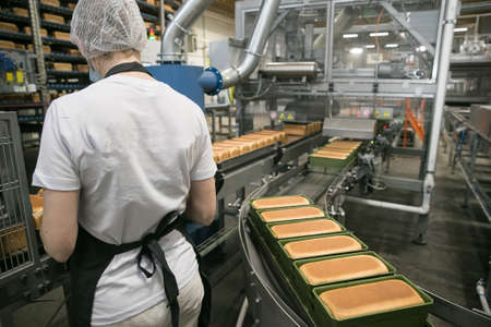 loaves of bread in a bakery on an automated conveyor. bakery productsの写真素材
