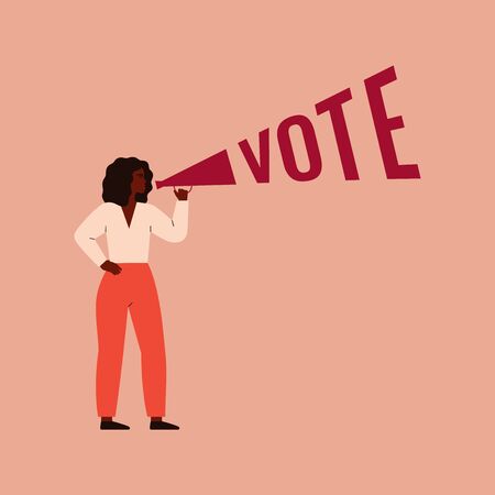 Strong black girl speaks into a megaphone. Woman activist is calling for votes. Voting, Election and suffrage women concept. Vector illustrationのイラスト素材