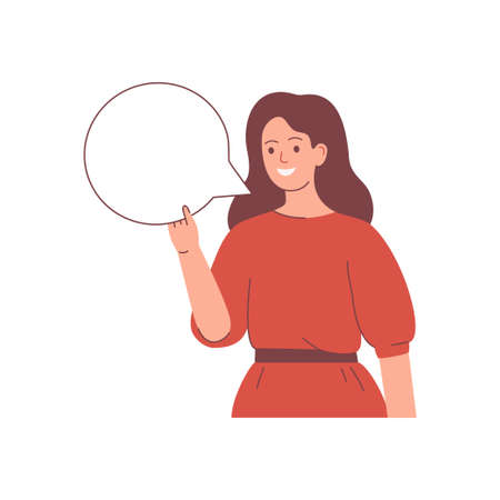 Happy young woman holds a blank speech bubble in the hand. Presentation concept. Human character vector illustration.のイラスト素材