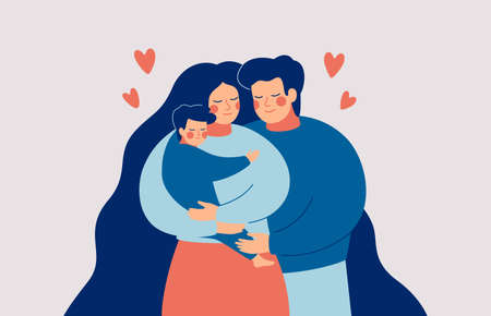 Happy young mother and father embrace their child with care and love. Family concept. Vector illustrationのイラスト素材