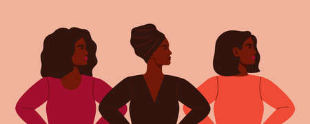 Three strong African women stand together. Concept of fighting for equality and female empowerment movement. Vector horizontal banner.のイラスト素材