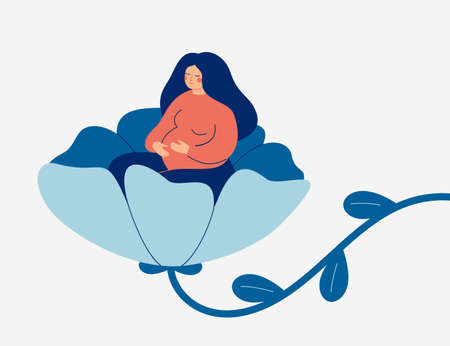 Pregnant woman is sitting in the big flower. Young woman expecting a baby holds her hands on her stomach with care and love. Medical and healthcare vector illustrationのイラスト素材