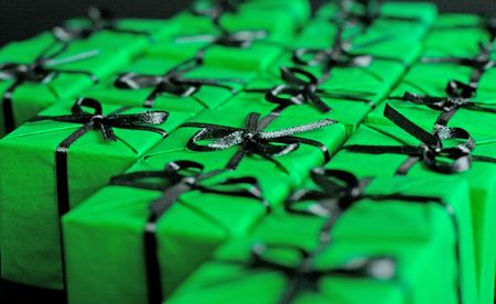 many green gift boxes closeupの写真素材