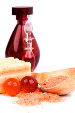 cosmetic products - sea salt, soap, oil balls and perfume bottleの写真素材