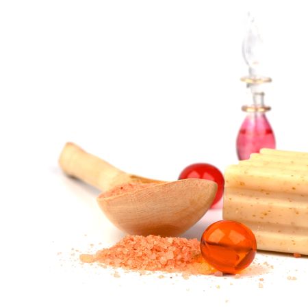 cosmetic products - sea salt, soap, oil balls and perfume bottleの写真素材
