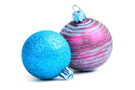 two glass christmas balls isolated on white backgroundの写真素材