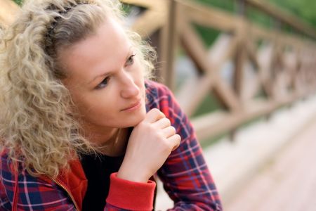 portrait of blond unhappy womanの写真素材