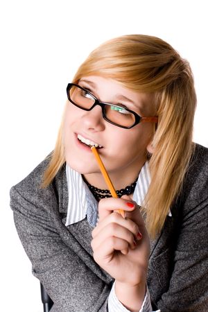 young businesswoman with pencil on white backgroundの写真素材