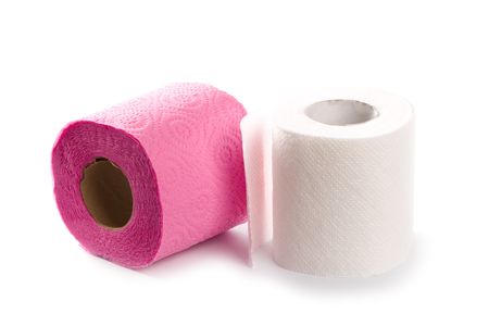 two toilet paper rolls isolated on white backgroundの写真素材