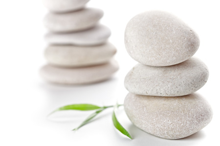 stones and green leaves isolated on white background. の写真素材