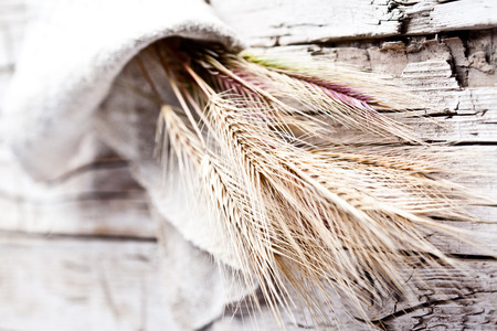 wheat ears closeup on rustic wooden  background の写真素材