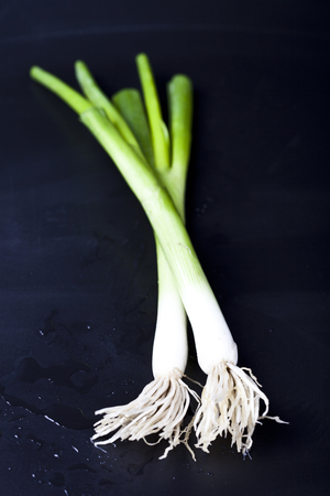 Fresh organic green onion on wet black background. Raw healthy food.の写真素材