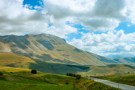 National Park of the Sibillini Mountains. Fields in Castelluccio di Norcia, Umbria, Italy.