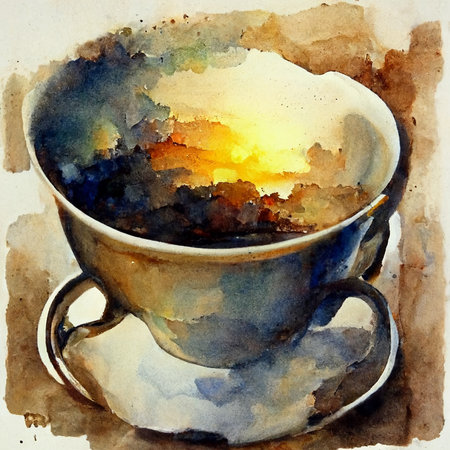 Watercolor drawing ceramic cup of hot coffee with milk orcappuccinoの写真素材