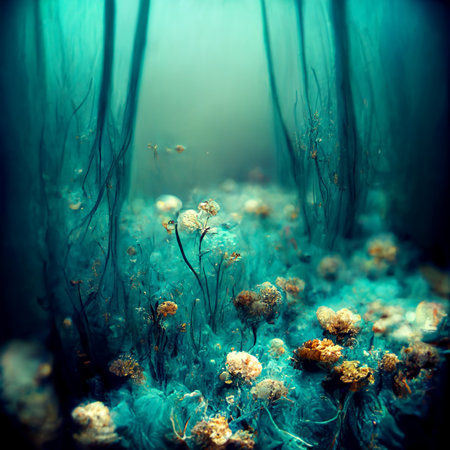 Underwater background with various sea views. Underwater scene. Undersea bottom with corals seaweeds kids digital generated.の写真素材