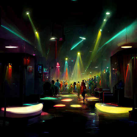 Crowd enjoying great festival party.People dance in disco night club to music from DJ on stage. Digital generated night party and nightlife concept .の写真素材