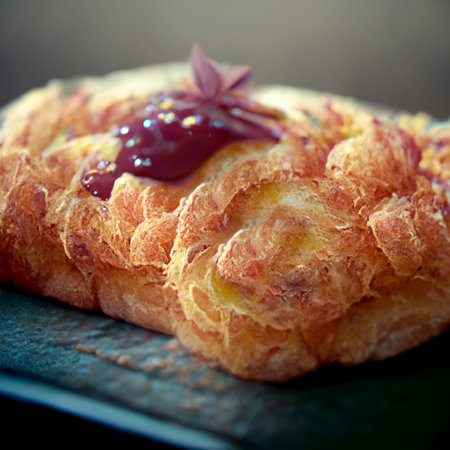 French croissant. Freshly baked croissant with jam on dark wooden background. Digital generated...