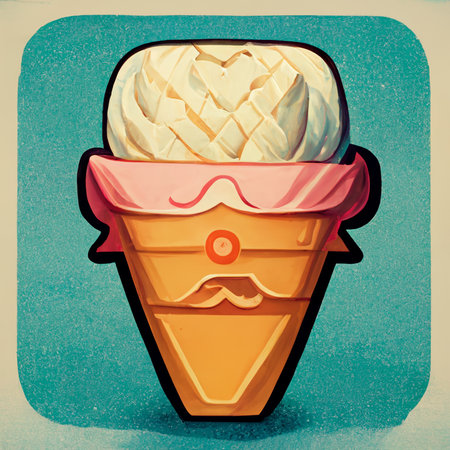 Ice cream balls in the waffle cone on blue vintage background. Digital generated  icon. Comic character in cartoon style illustration for t shirt design.の写真素材
