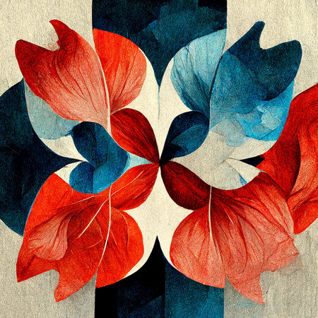 Blue and red abstract flower Illustration for prints, wall art, cover and invitation. Watercolor art background. Digital generated wallpaper design with flower paint brush line art.の写真素材