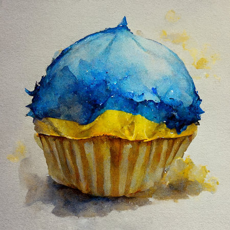 Yellow and blue watercolor cupcake. Delicious vanilla cake with cream. Digital generated illustration.の写真素材