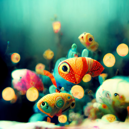 Underwater background with various sea views. Underwater scene. Cute sea fishes ocean underwater animals. Undersea bottom with corals seaweeds digital generated.の写真素材