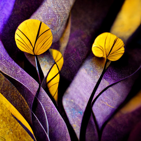 Purple and yellow abstract flower Illustration for prints, wall art, cover and invitation. Watercolor art background. Digital generated wallpaper design with flower paint brush line art.の写真素材