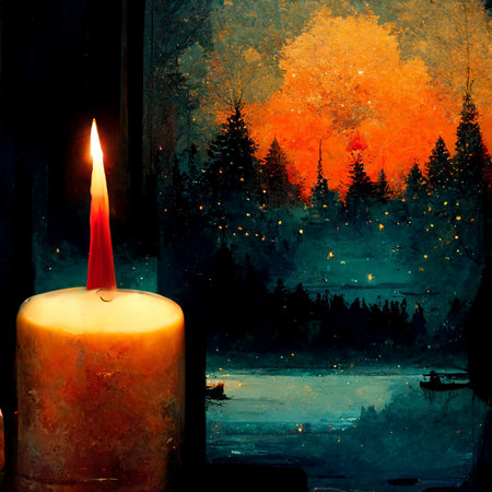 Three candles with warm atmosphere. Candlelight Christmas card template. Digital generated illustration.の写真素材