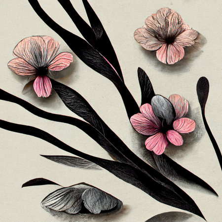 Grey and pink abstract flower Illustration for prints, wall art, cover and invitation. Watercolor art background. Digital generated wallpaper design with flower paint brush line art.の写真素材