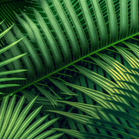 Nature view of green tropical plants leaves background. Dark nature concept. Digital generated.