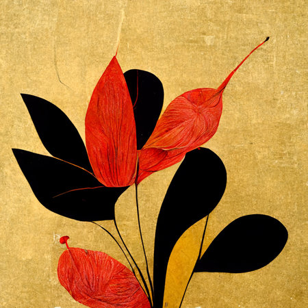 Golden, yellow and red abstract flower Illustration for prints, wall art, cover and invitation. Watercolor art background. Digital generated wallpaper design with flower paint brush line art.の写真素材