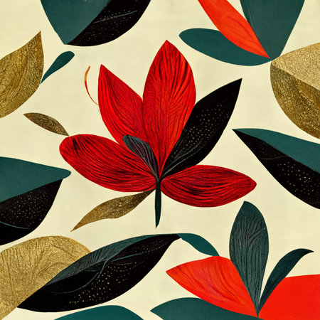 Golden, blue and red abstract flower Illustration for prints, wall art, cover and invitation. Watercolor art background. Digital generated wallpaper design with flower paint brush line art.の写真素材