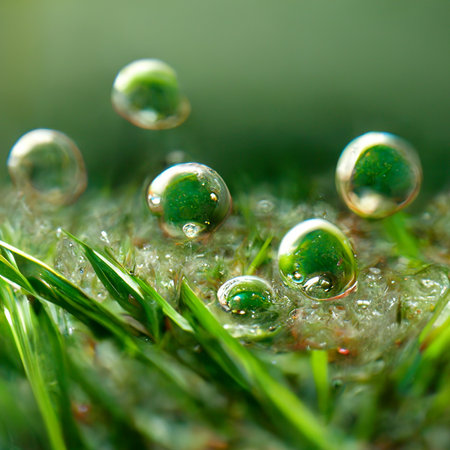 Juicy lush green grass on meadow with drops of water dew in morning light in spring or summer...