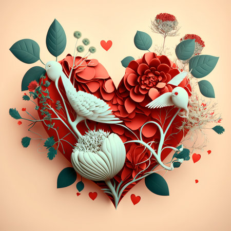 Floral red romantic heart, birds and flowers. Valentines love illustration on pink background. Digital generaterd.の写真素材