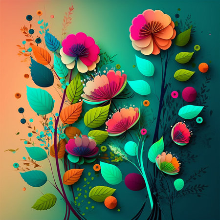 Original floral design with exotic flowers and tropic leaves. Colorful flowers on green and orange...