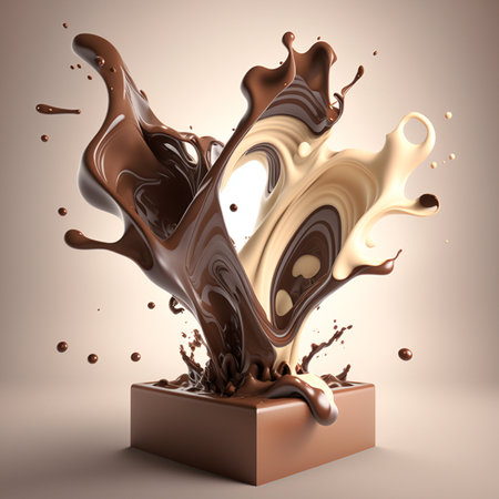 Milk, chocolate, milkshake, coffee, cacao splash. Hot chocolate with milk swirl pouring and splashingl. Realistic digital illustration.の写真素材