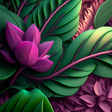 Pink and lilac flowers with green stems and leaves. Digital generated 3d design with flower paint brush line art.の写真素材