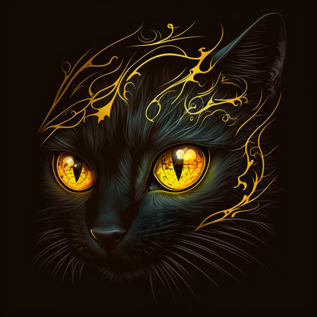 Black cat on black background with bright yellow eyes. Digital generated illustration.の写真素材