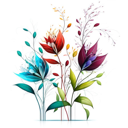 Original floral design with exotic flowers and tropic leaves. Colorful flowers on white background. Digital generated illustration.の写真素材