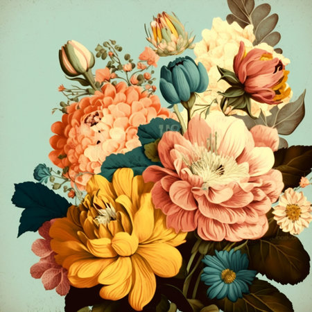 Teal, blue and yellow watercolor flowers with green stems and leaves. Realistic art background. Digital generated wallpaper design with flower paint brush line art.の写真素材