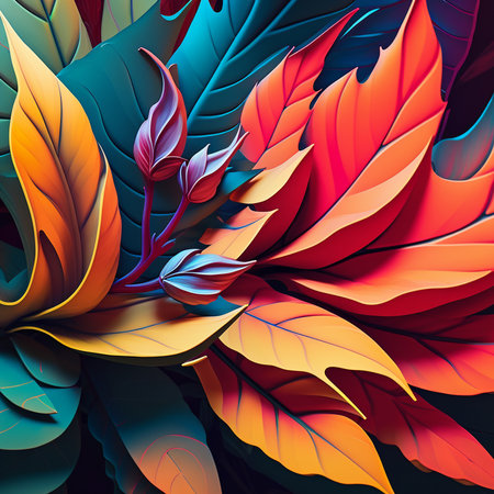 Original floral vibrant design with exotic flowers and tropic leaves. Colorful flowers on dark background. Digital generated illustration.の写真素材