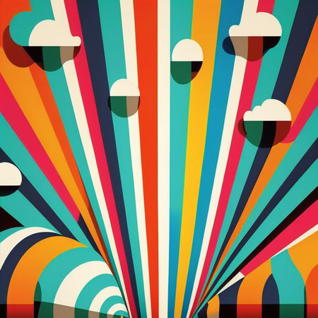 Artistic abstract colorful artwork bright stripe pattern design for wall poster, carpet, area rug, cover, duvet cover, curtain, pillow, bedding, shawl, linens, frame, border. Digital generated painting in retro style.の素材