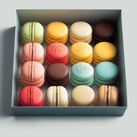 Cakes macaron or macaroon in white box, colorful bright cookies. Digital generated illustration.の素材