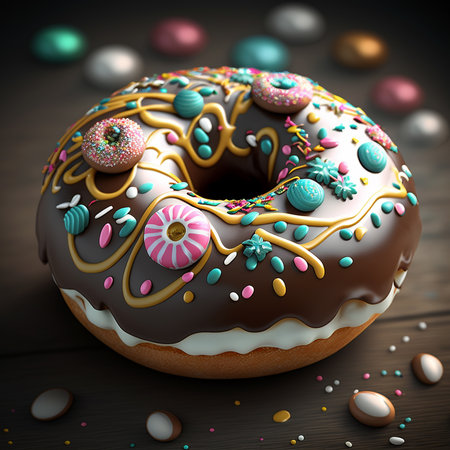 Cute, colorful and glossy donut with colorful glaze and multicolored decoration. Donut on dark background. Realistic digital generated illustration.の素材