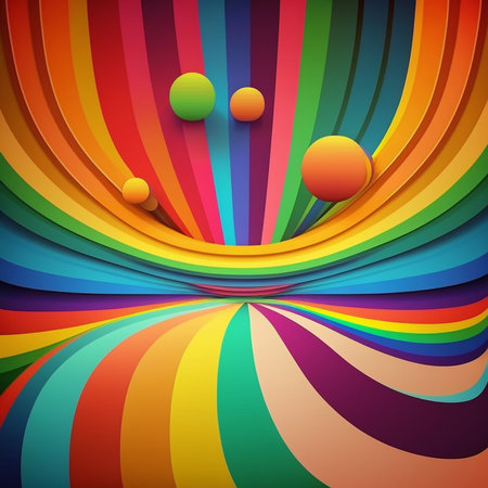 Artistic abstract colorful artwork bright stripe pattern design for wall poster, carpet, area rug, cover, duvet cover, curtain, pillow, bedding, shawl, linens, frame, border. Digital generated painting in retro style.の素材