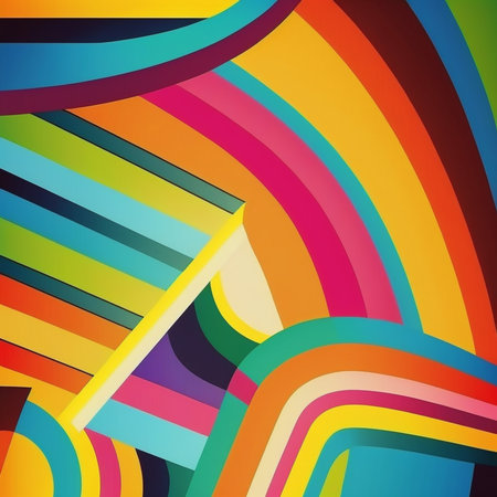 Artistic abstract colorful artwork bright stripe pattern design for wall poster, carpet, area rug, cover, duvet cover, curtain, pillow, bedding, shawl, linens, frame, border. Digital generated painting in retro style.の素材